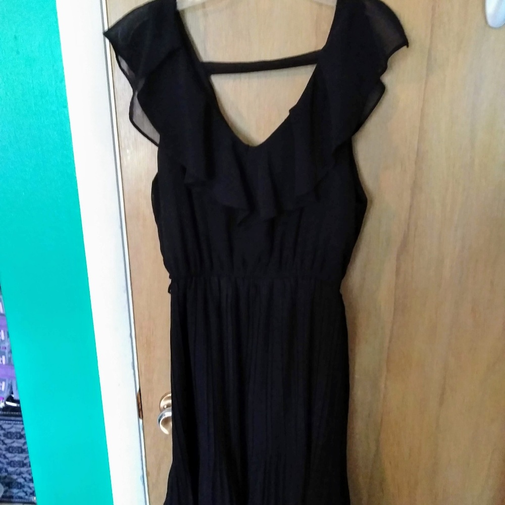Black, Ruffly, Short, Deep-V Dress